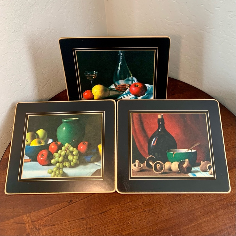 Set of 3 Matador Vintage Still Life Placemats with Fruit & Bottle Art